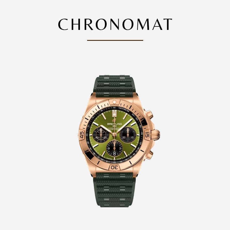 Eine Luxusuhr mit der Bezeichnung „CHRONOMAT“ von Breitling verfügt über ein grünes Zifferblatt mit drei Hilfszifferblättern, ein Datumsfenster, eine goldfarbene Lünette und ein goldfarbenes Gehäuse. Die Uhr wird durch ein grünes strukturiertes Gummiarmband ergänzt, was ihr einen sportlichen und dennoch eleganten Look verleiht.