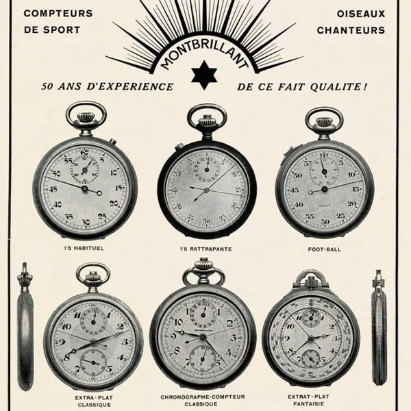 Juwelier-Wagner-Madler-Uhren-Breitling-Geschichte Vintage-Werbung für Montbrillant-Taschenuhren von Breitling. Die Anzeige zeigt Abbildungen von sechs verschiedenen Taschenuhrmodellen, einschließlich ihrer Namen: 15 Habituels, Rattrapante, Foot-Ball, Extra-Plat Classique, Chronographe-Compteaur Classique und Extra-Plat Fantaisie. Der französische Text hebt „50 Jahre Erfahrung“ hervor.