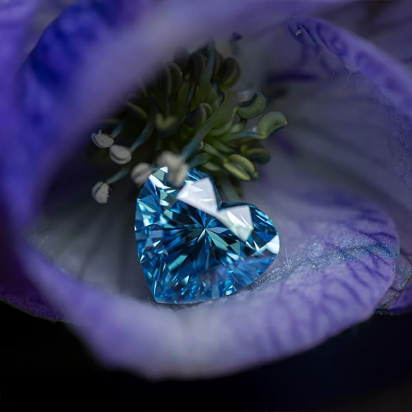 Diavon © 2024 Ein herzförmiger blauer Edelstein, bekannt als Diavon, liegt in den zarten Blütenblättern einer violetten Blume. Die filigranen Blütenblätter umgeben den Diavon und heben seine funkelnden Facetten vor dem floralen Hintergrund hervor.