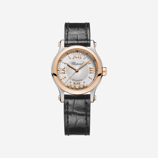 Eine luxuriöse Armbanduhr von Uhren mit schwarzem Lederarmband und rundem Gehäuse aus Silber und Roségold. Das Zifferblatt ist mit römischen Ziffern und kleinen Diamanten am unteren Rand versehen. Der Markenname ist elegant in Kursivschrift auf dem Zifferblatt geschrieben.
