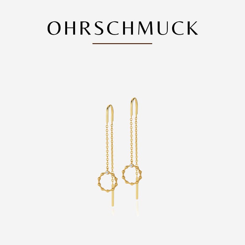 Abgebildet ist ein Paar zarter goldener Ohrringe, die jeweils ein kleines kreisförmiges Design mit winzigen Ösen aufweisen und an einer dünnen Kette mit Haken hängen. Der Hintergrund ist weiß und über den eleganten Heinz-Ohrringen steht in fetten schwarzen Buchstaben das Wort „OHRSCHMUCK“.