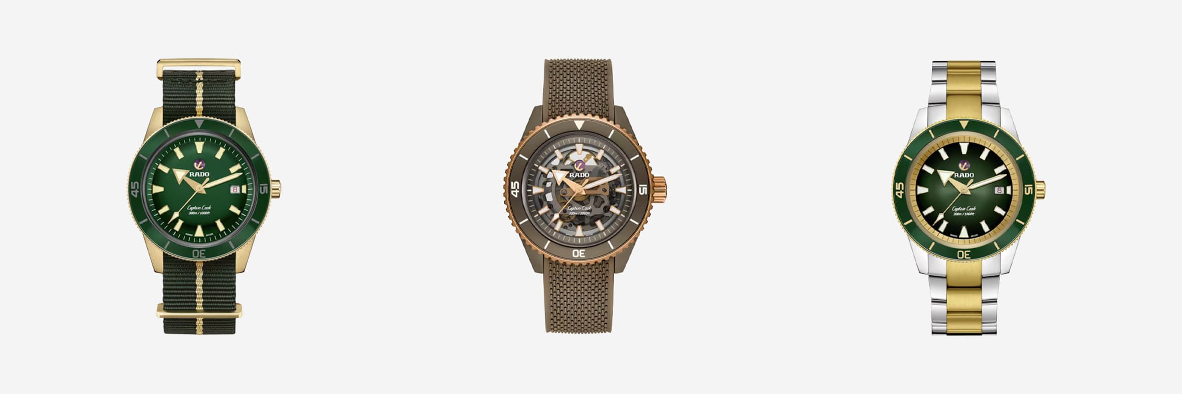 Auf weißem Hintergrund sind drei Armbanduhren abgebildet. Von links nach rechts: eine grün-gelbe Taucheruhr mit grünem Nylonarmband, eine bronzene Skelettuhr mit perforiertem braunem Armband und eine grün-goldene Taucheruhr mit zweifarbigem Metallarmband.