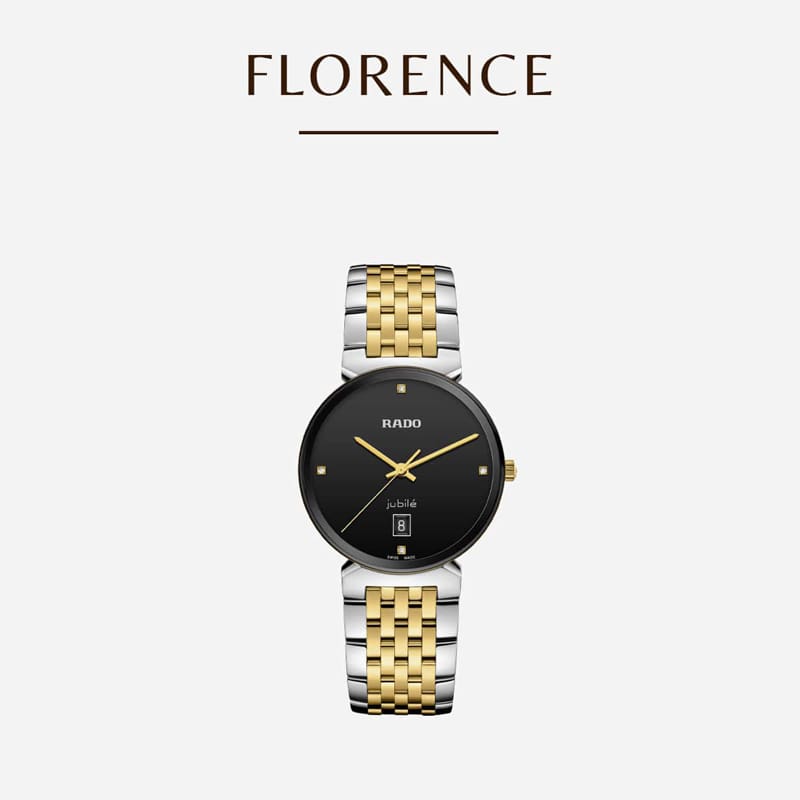 Abbildung einer Rado Florence Jubile Uhr mit schwarzem Zifferblatt, goldenen Zeigern und Datumsanzeige am unteren Rand. Die Uhr hat ein zweifarbiges Metallarmband in Gold und Silber. Der Schriftzug „FLORENCE“ steht oben auf weißem Hintergrund.