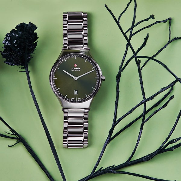 RADO © 2025 Eine schlichte silberne Armbanduhr mit schwarzem Ziffernblatt präsentiert sich auf hellgrünem Untergrund mit dem Markennamen „Rado“ und dem Modell „True Thinline“ aus der Rado True Thinline Kollektion. Umgeben von schwarzen, getrockneten Blütenstängeln ergibt sich ein kontrastreicher und stilvoller Auftritt.