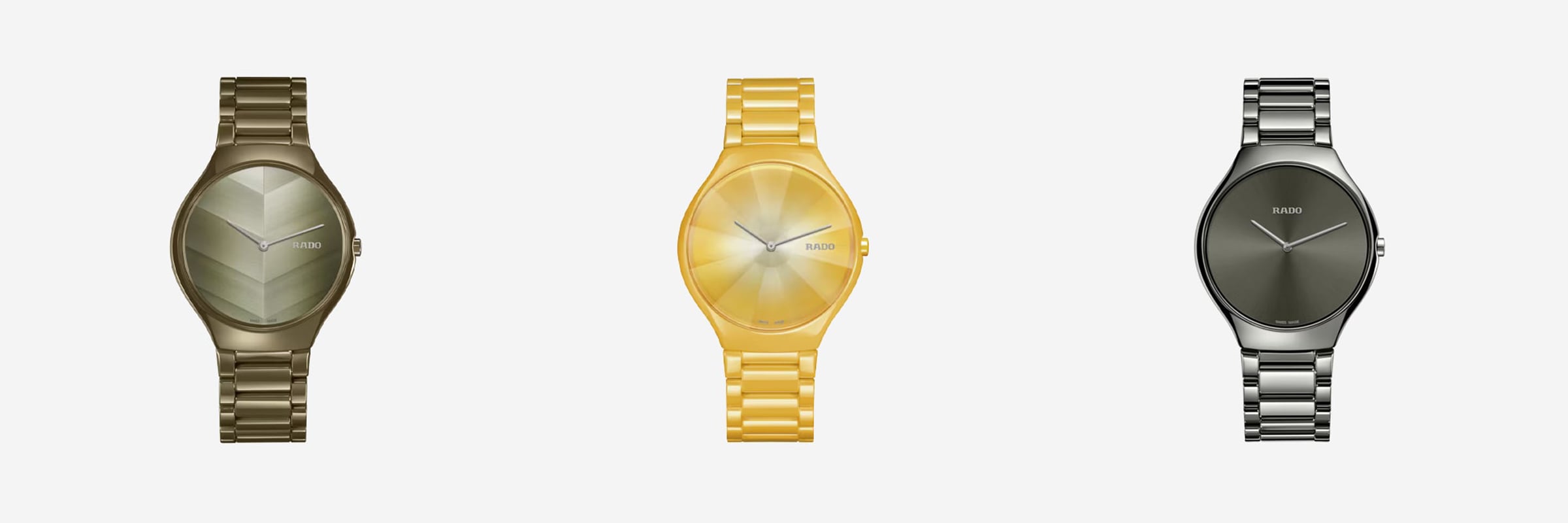 Drei elegante Armbanduhren werden vor einem weißen Hintergrund präsentiert. Von links nach rechts: eine matt bronzefarbene Uhr mit geometrischen Details auf dem Zifferblatt, eine glänzend goldene Uhr mit einem Zifferblatt mit Sonnenschliff und eine polierte silberne Uhr mit einem dunklen, minimalistischen Zifferblatt. Alle haben Metallgliederbänder.
