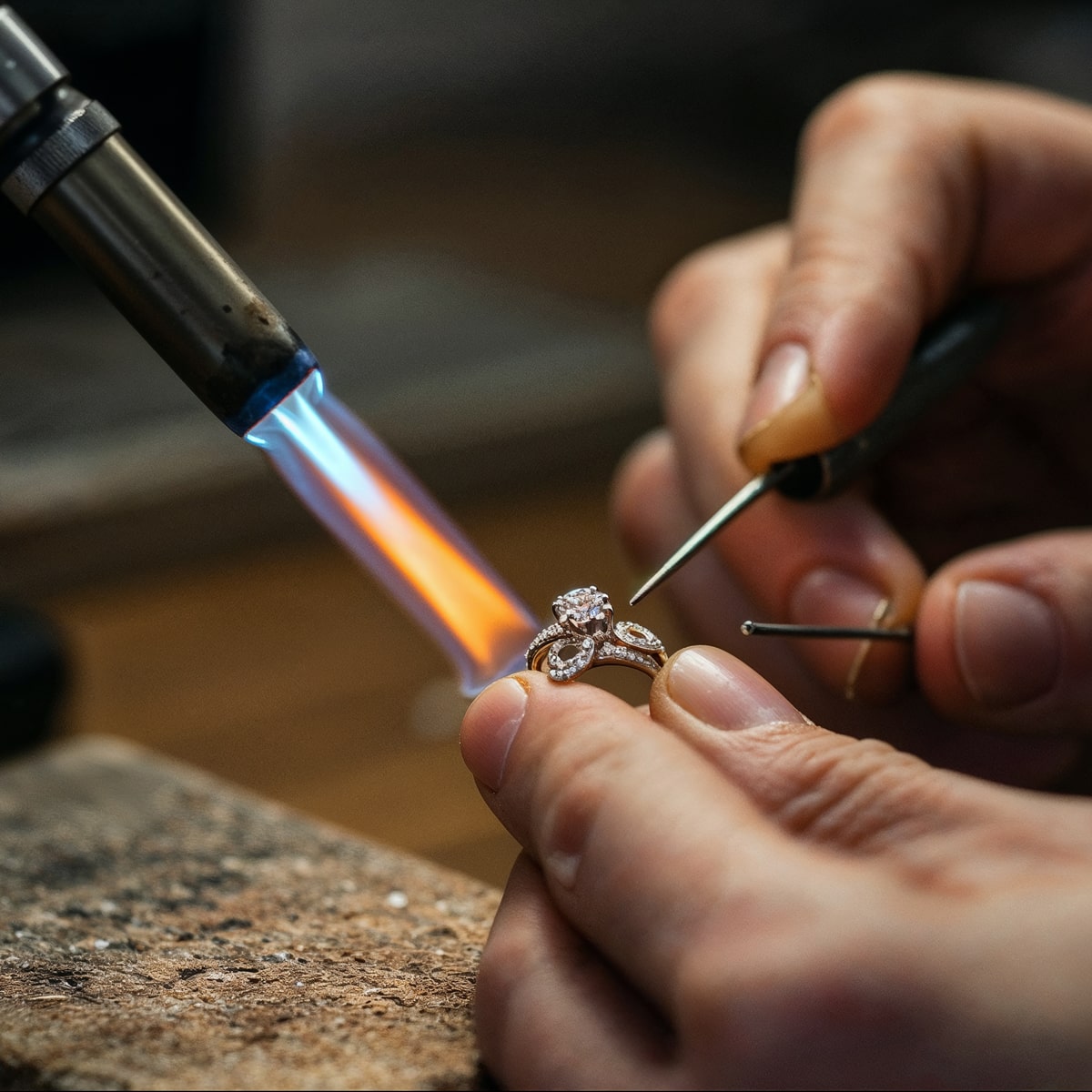 Im Atelier Wagner Madler wird ein Diamantring mit einer Taschenlampe und Werkzeugen sorgfältig bearbeitet oder repariert, wobei er auf einer hölzernen Werkbank gehalten wird.