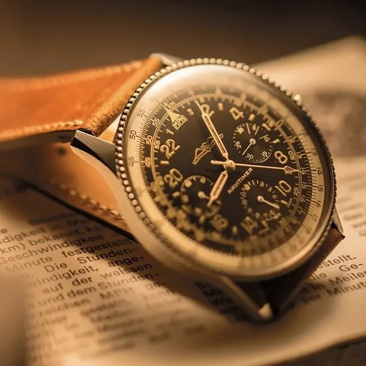 Nahaufnahme einer alten Breitling-Armbanduhr mit braunem Lederarmband und komplizierten Zifferblättern und Markierungen, die auf einem aufgeschlagenen Buch mit deutschem Text in warmer, weicher Beleuchtung ruht.