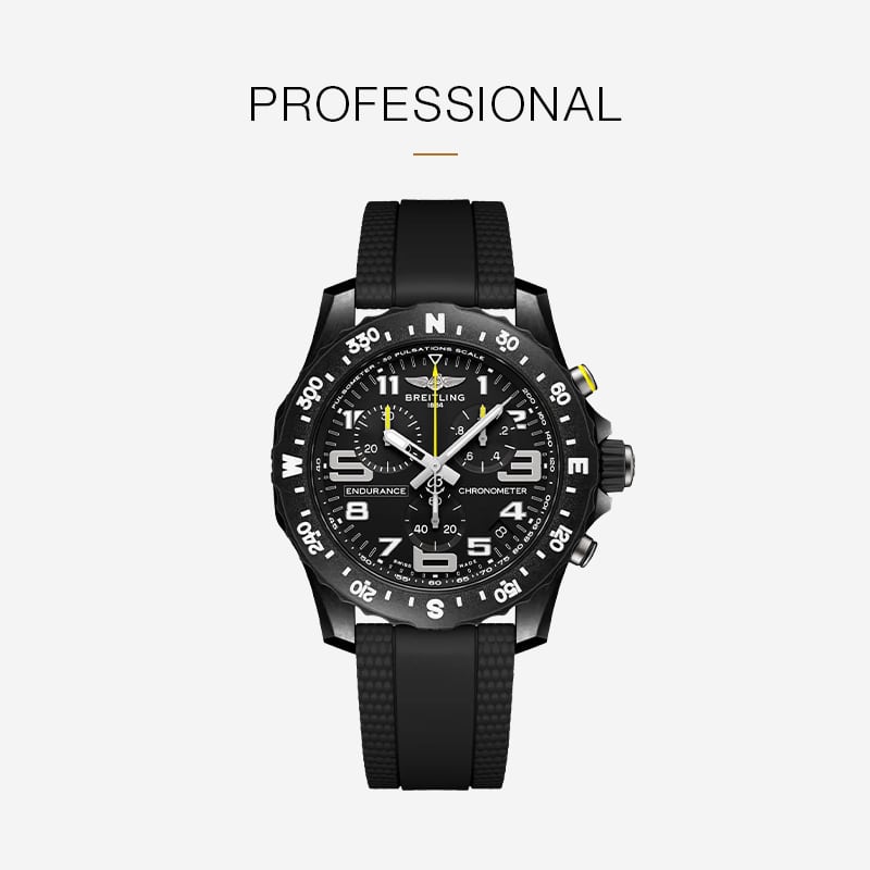 Eine schwarze Breitling Endurance Pro Chronographenuhr mit einem schwarzen Kautschukarmband ist auf weißem Hintergrund abgebildet. Über der Breitling-Uhr erscheint in fetten Großbuchstaben das Wort "PROFESSIONAL".
