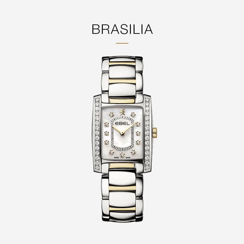 Eine luxuriöse Ebel Brasilia Armbanduhr mit rechteckigem Zifferblatt, dem für Ebel charakteristischen silber- und goldfarbenen Metallband und diamantenen Akzenten auf der Lünette, die auf einem schlichten weißen Hintergrund mit dem Wort "BRASILIA" darüber dargestellt ist.
