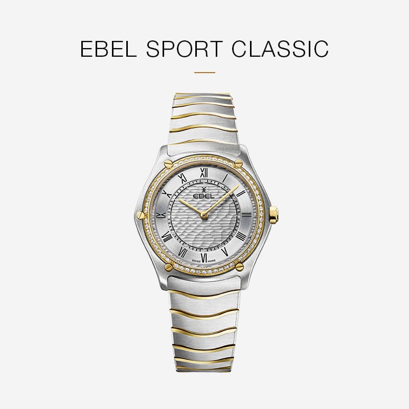 Eine silber- und goldfarbene Ebel Sport Classic Armbanduhr mit gemustertem, silbernem Zifferblatt, römischen Ziffern und goldenen Akzenten ist auf weißem Hintergrund abgebildet, darüber der Text "EBEL SPORT CLASSIC".