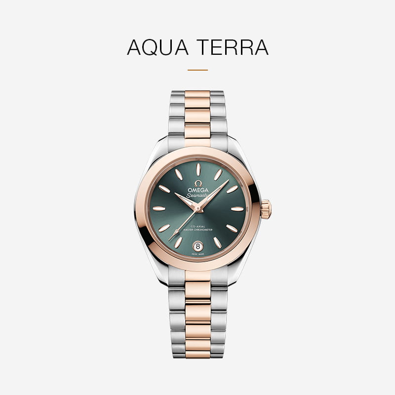 Eine luxuriöse OMEGA Seamaster Aqua Terra Armbanduhr mit silbernem und roségoldenem Metallband, grünem Zifferblatt, roségoldener Lünette und Stundenmarkierungen, die elegant auf einem schlichten weißen Hintergrund dargestellt sind.