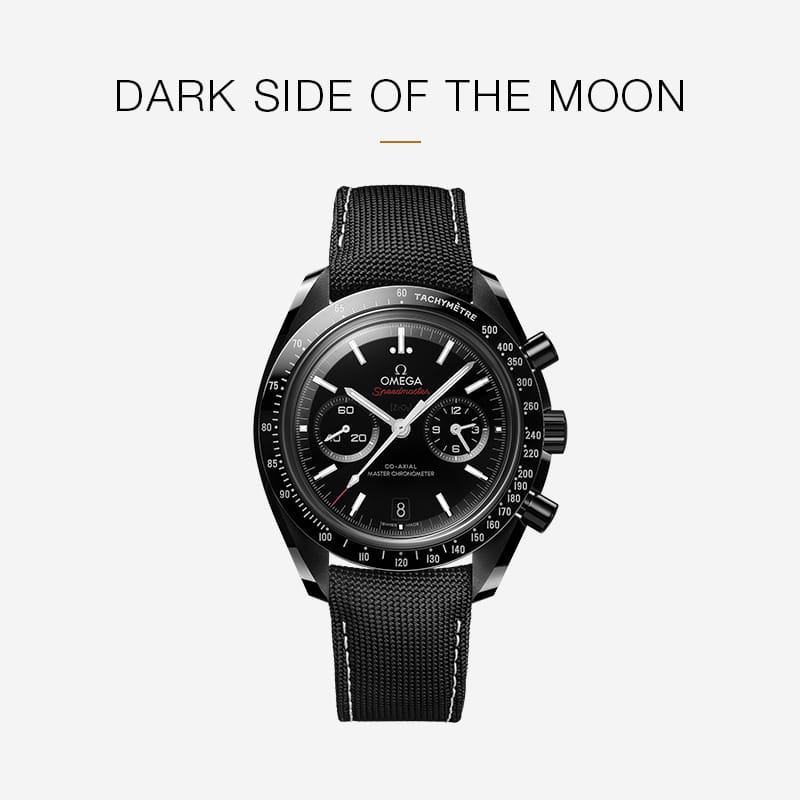 Eine schwarze Omega Speedmaster Uhr mit schwarzem Armband ist auf einem hellgrauen Hintergrund zentriert. Darüber steht in fetten Großbuchstaben "DARK SIDE OF THE MOON", was das legendäre Design der Omega Speedmaster unterstreicht.