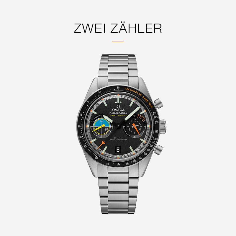 Eine silberne Omega Speedmaster-Armbanduhr mit Metallarmband, schwarzem Zifferblatt, zwei farbigen Hilfszifferblättern und weißen, gelben und blauen Akzenten. Das Wort "ZWEI ZÄHLER" erscheint über der Omega Speedmaster auf einem weißen Hintergrund.