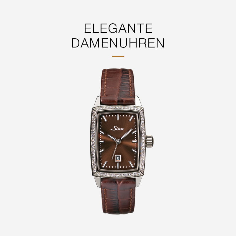 Eine rechteckige Sinn Spezialuhren Damenuhr mit einem braunen Lederband, braunem Zifferblatt, silbernen Zeigern, diamantbesetzter Lünette und Datumsanzeige. Über der Uhr steht der Text "ELEGANTE DAMENUHREN" auf weißem Hintergrund.