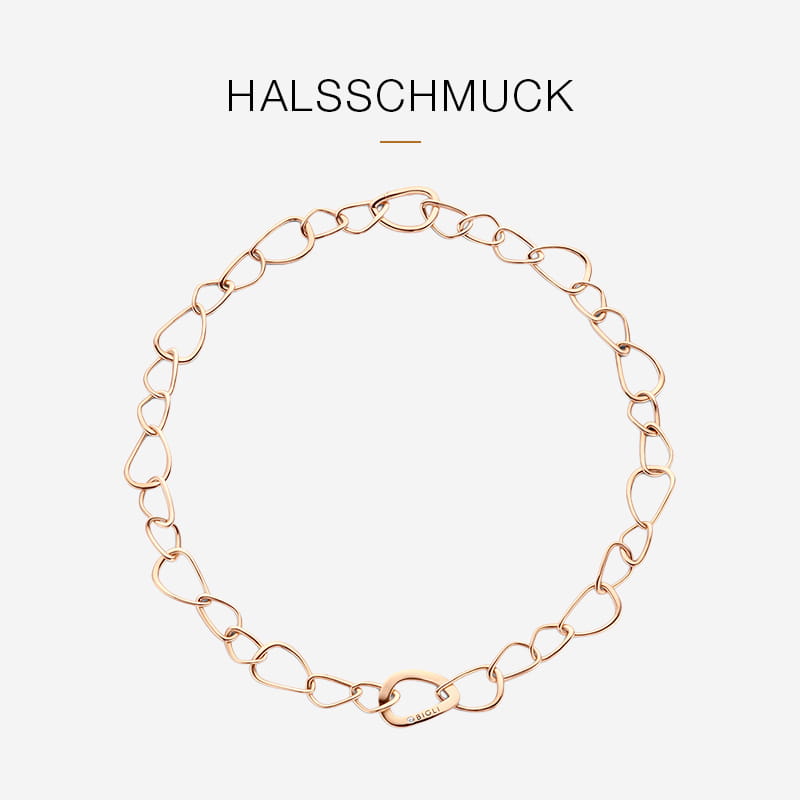 Eine zarte Goldkette mit herzförmigen Kettengliedern, die an den raffinierten Stil von Bigli erinnert, ist auf einem hellen Hintergrund zu sehen. Über der Halskette steht das Wort "HALSSCHMUCK" geschrieben.