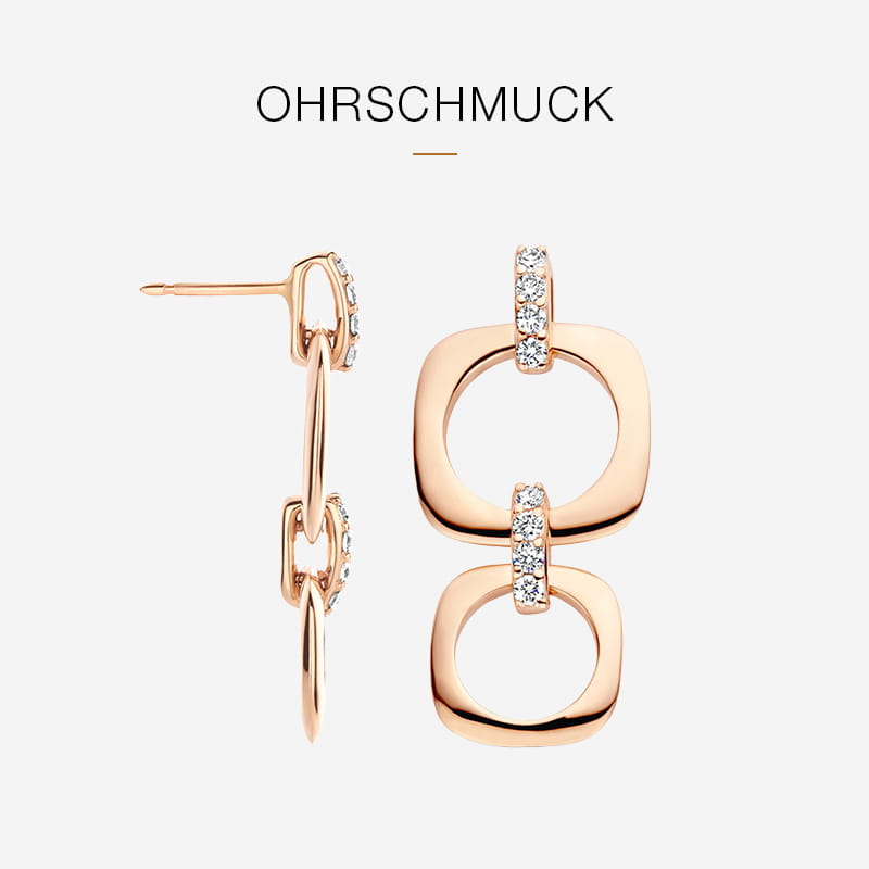 Zwei goldene Tropfenohrringe mit miteinander verbundenen quadratischen und runden Formen, die jeweils von einer Reihe kleiner weißer Steine akzentuiert werden und das elegante Design von Bigli widerspiegeln. Darüber steht das Wort "Ohrschmuck" in schwarzer Schrift auf hellem Grund.