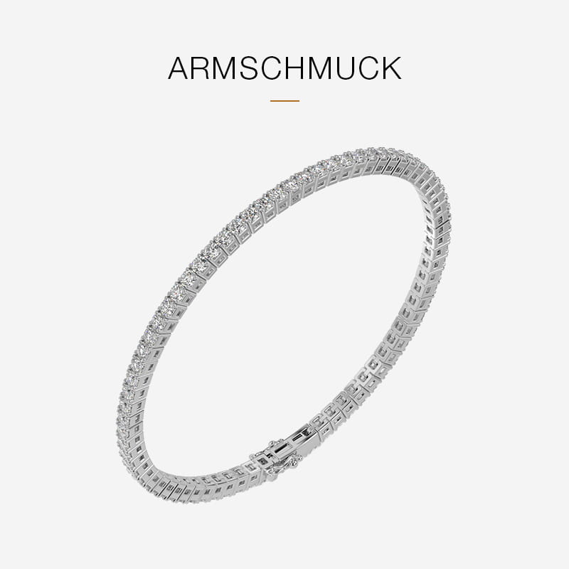Ein silbernes Diavon-Tennisarmband mit kleinen, funkelnden Edelsteinen ist auf einem weißen Hintergrund abgebildet. Über dem Armband steht in fetten schwarzen Lettern das Wort "ARMSCHMUCK".
