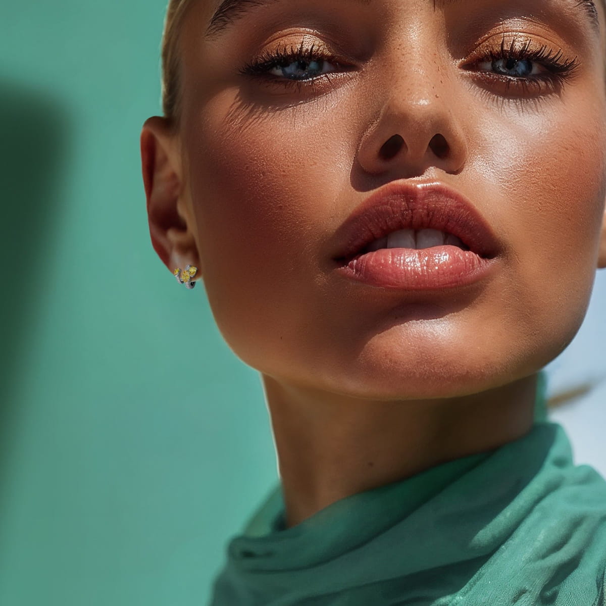 Nahaufnahme einer Frau mit leuchtender Haut, nacktem Lippenstift und schimmerndem Lidschatten, die ein grünes Oberteil und Ohrringe von Diavon trägt und vor einem blaugrünen Hintergrund steht.