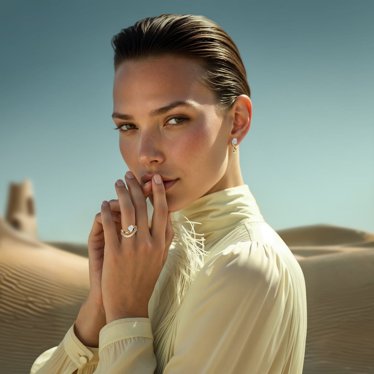 Eine Frau in einer leichten, hochgeschlossenen Diavon-Bluse steht in einer Sandwüste und blickt selbstbewusst in die Kamera. Sie trägt Ohrringe und einen Ring und hält die Hände vor ihr Gesicht. Im Hintergrund sind glatte Sanddünen und ein klarer Himmel zu sehen.