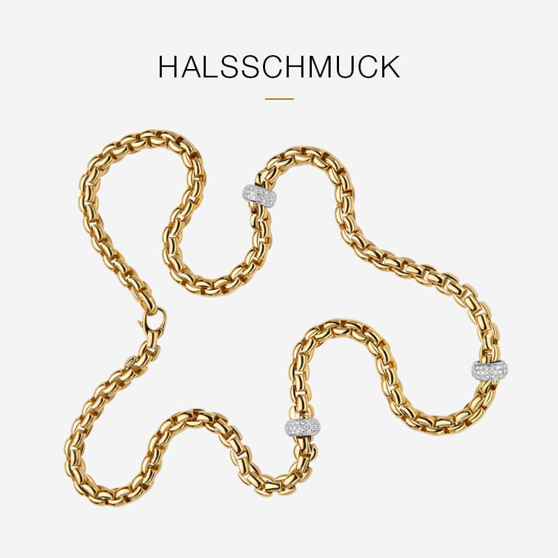 Eine goldene Fope-Kette mit ineinandergreifenden Gliedern und drei silbernen, diamantbesetzten Akzenten vor einem schlichten weißen Hintergrund mit dem Wort "HALSSCHMUCK" darüber.
