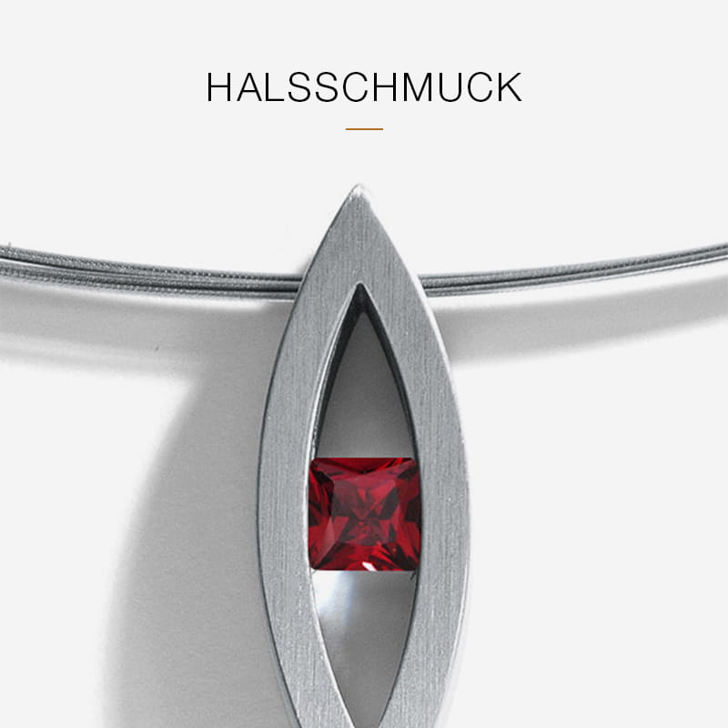 Eine moderne Humphrey-Halskette aus Silber mit einem ovalen, marquiseförmigen Anhänger, der in der Mitte einen quadratischen roten Edelstein trägt. Darüber steht das Wort "HALSSCHMUCK" in Großbuchstaben auf weißem Hintergrund.