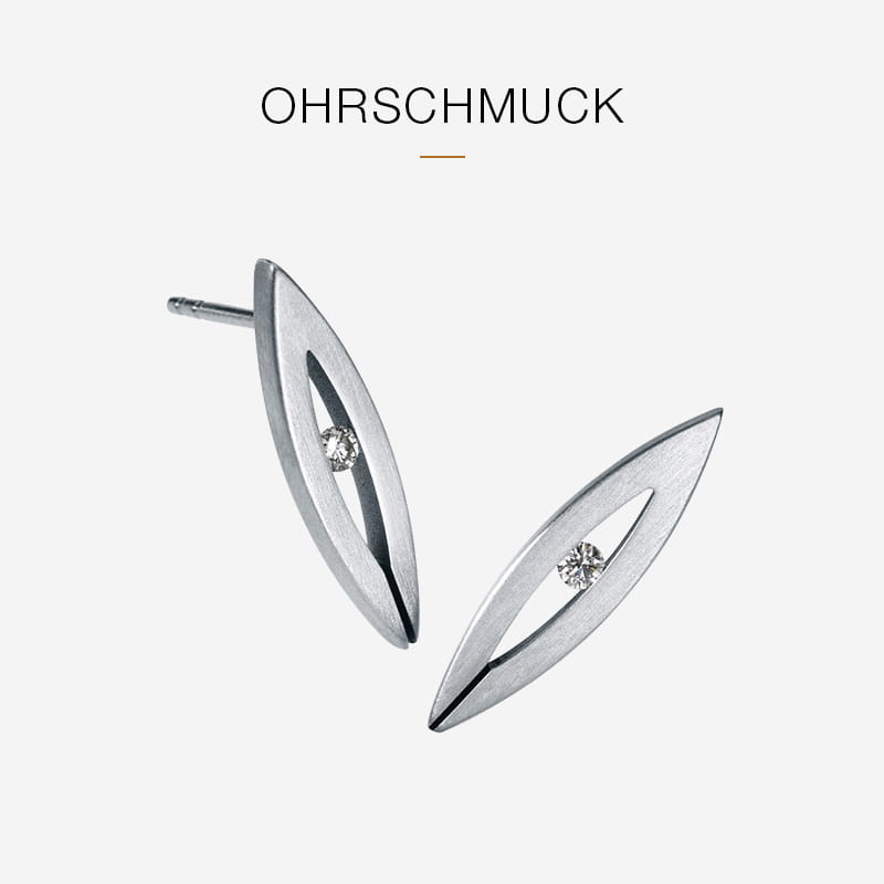 Zwei silberne, marquiseförmige Humphrey-Ohrstecker mit einem funkelnden Stein in der Mitte sind vor einem weißen Hintergrund abgebildet. Darüber steht in schwarzer Schrift das Wort "Ohrschmuck".