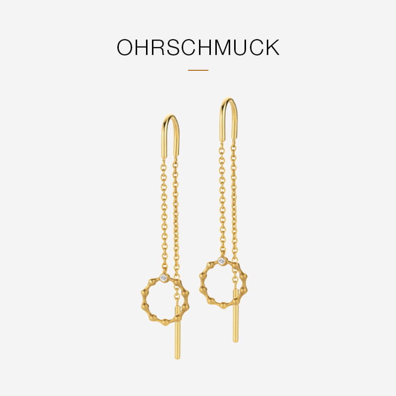 Goldene Ohrhänger mit zarter Kette, kreisförmigem Design mit einem kleinen Edelstein und einem geraden Steg am unteren Ende. Der Schriftzug "Ohrschmuck" steht über den Ohrringen und zeigt den eleganten Stil von Jörg Heinz auf weißem Hintergrund.