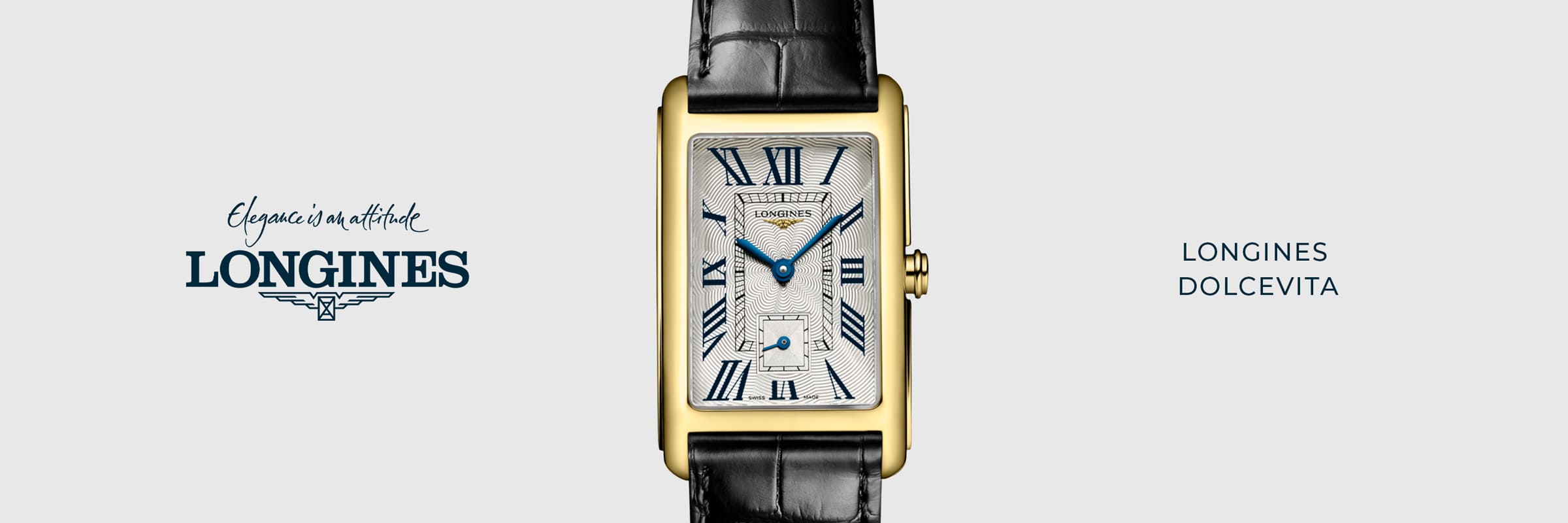 LONGINES © 2026 Rechteckige Longines DolceVita Uhr aus Gold mit silbernem Zifferblatt, schwarzen römischen Ziffern, blauen Zeigern und schwarzem Lederarmband. Auf der linken Seite stehen "Elegance is an Attitude" und "Longines DolceVita".
