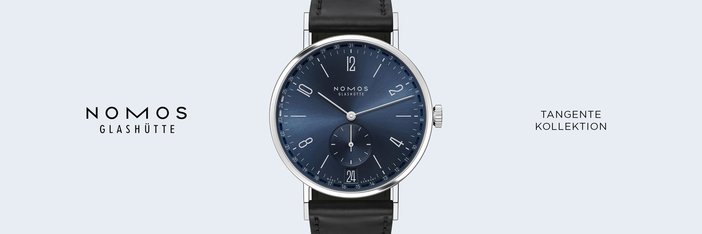 In der Mitte ist eine NOMOS Tangente-Uhr mit blauem Zifferblatt und schwarzem Lederarmband zu sehen, links der Markenname, rechts Tangente Kollektion" vor hellem Hintergrund.