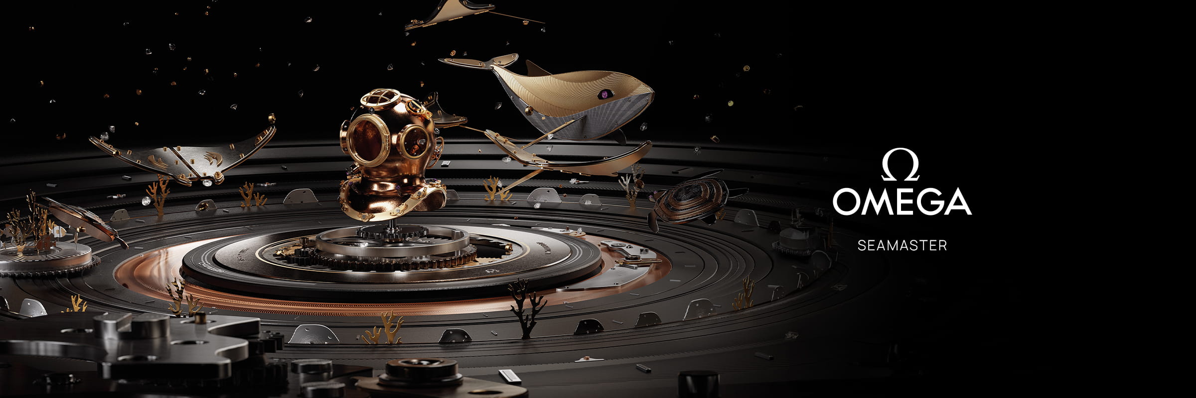 Futuristische Unterwasser-Illustration mit goldenen mechanischen Meeresbewohnern, darunter ein Taucherhelm, Mantarochen und Fische, die über komplizierten Zahnrädern schweben. Das OMEGA Seamaster Logo hebt sich deutlich von dem schwarzen Hintergrund ab.