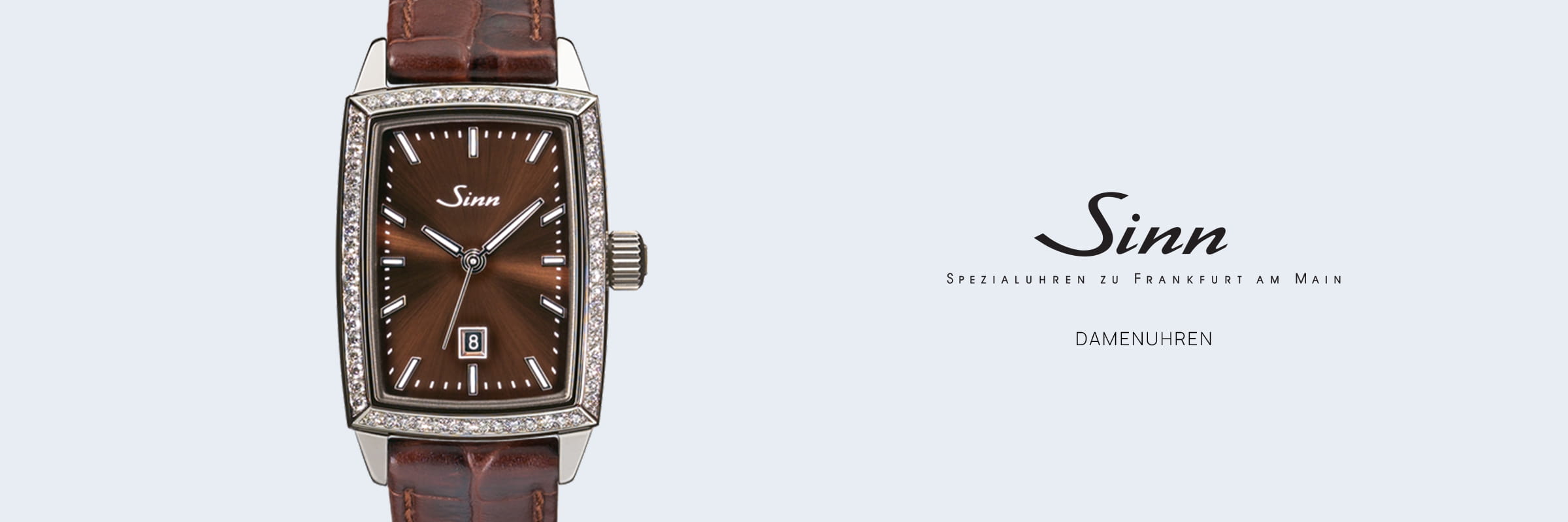 Rechteckige SINN Damenuhren Armbanduhr mit braunem Sonnenschliff-Zifferblatt, silbernen Indexen, diamantbesetzter Lünette, braunem Lederband und Datumsfenster bei 6 Uhr. Der Hintergrund zeigt das Sinn-Logo und den Text "Damenuhren".